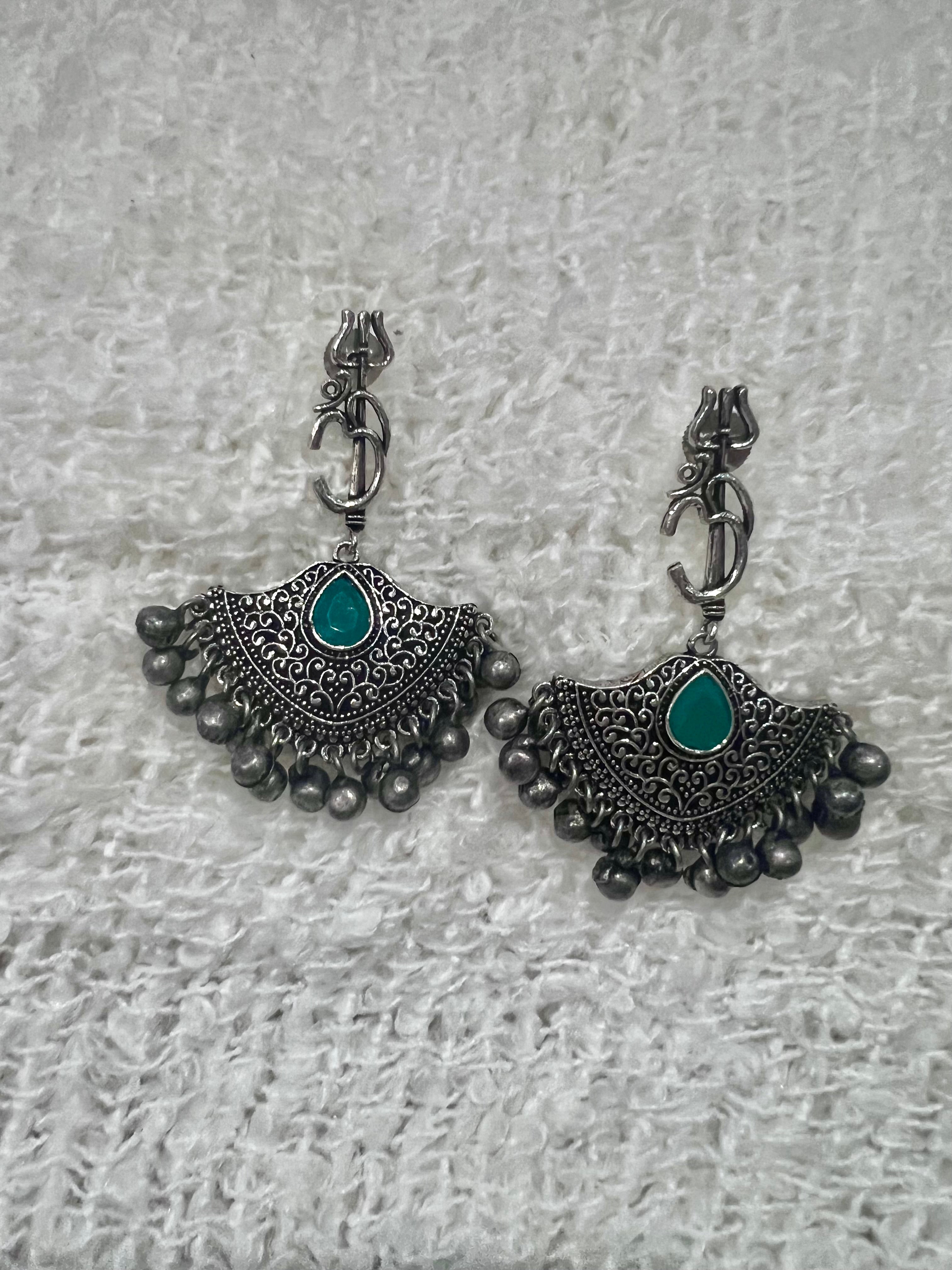Oxidized Silver Earrings with Trishul-Om Design and Green Stone – A Fusion of Spirituality and Style